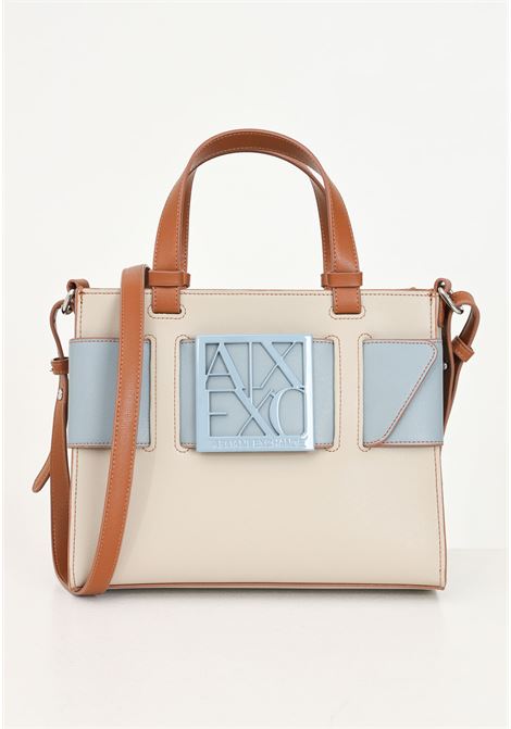 Borsa a mano beige da donna con maxi fibbia logo azzurra ARMANI EXCHANGE | 9426900A87415249